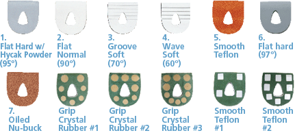 Slide Heels: 1. Flat hard with hycak powder (95�), 2. Flat normal (90�), 3. Groove Soft (70�), 4. Wave soft (60�), 5. Smooth Teflon, 6. Flat Hard (97�), 7. Oiled Nu-buck, Grip Crystal Rubber No.1, Grip Crystal Rubber No.2, Grip Crystal Rubber No.3, Smooth Teflon No.1, Smooth Teflon No.2